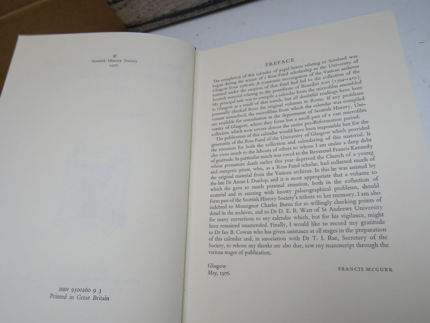 Calendar of Papal Letters To Scotland of Benedict XIII of Avignon 1394-1419 Edited By Francis McGurk 1976