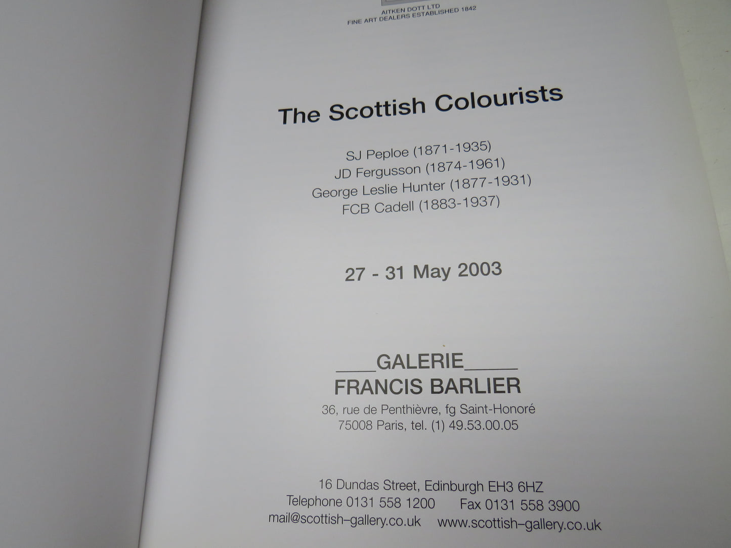 The Scottish Colourists 27-31 May 2003 Catalogue, Peploe, Fergusson, Hunter, Cadell, The Scottish Gallery
