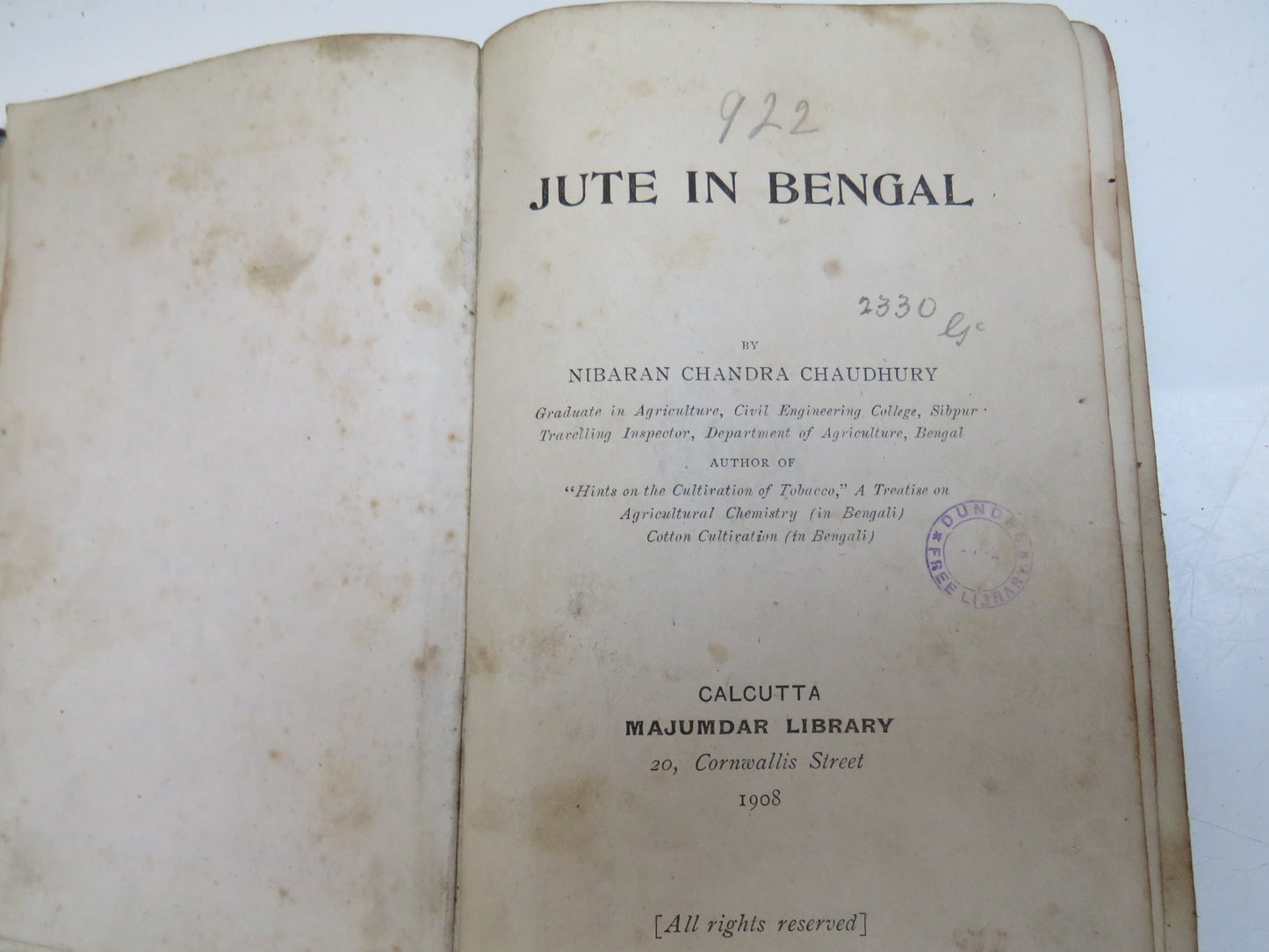 Jute In Bengal By Nibaran Chandra Chaudhury 1908 Antique Edwardian Book