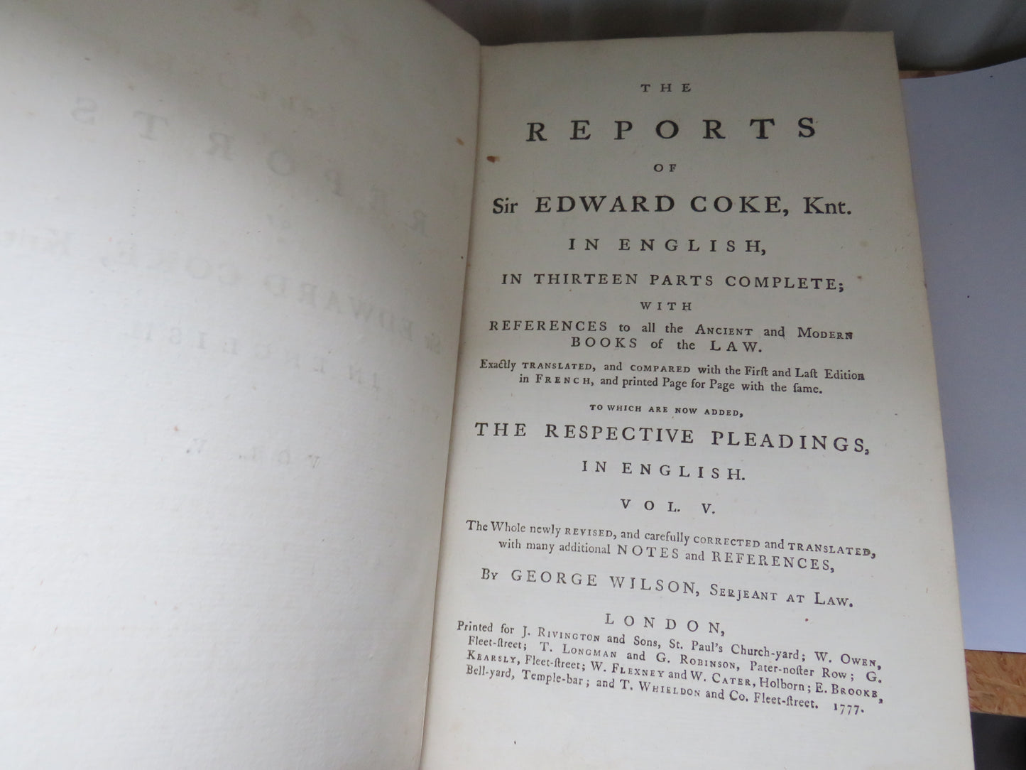 The Reports of Sir Edward Coke, Knt In English In 13 Parts Volume V 1777
