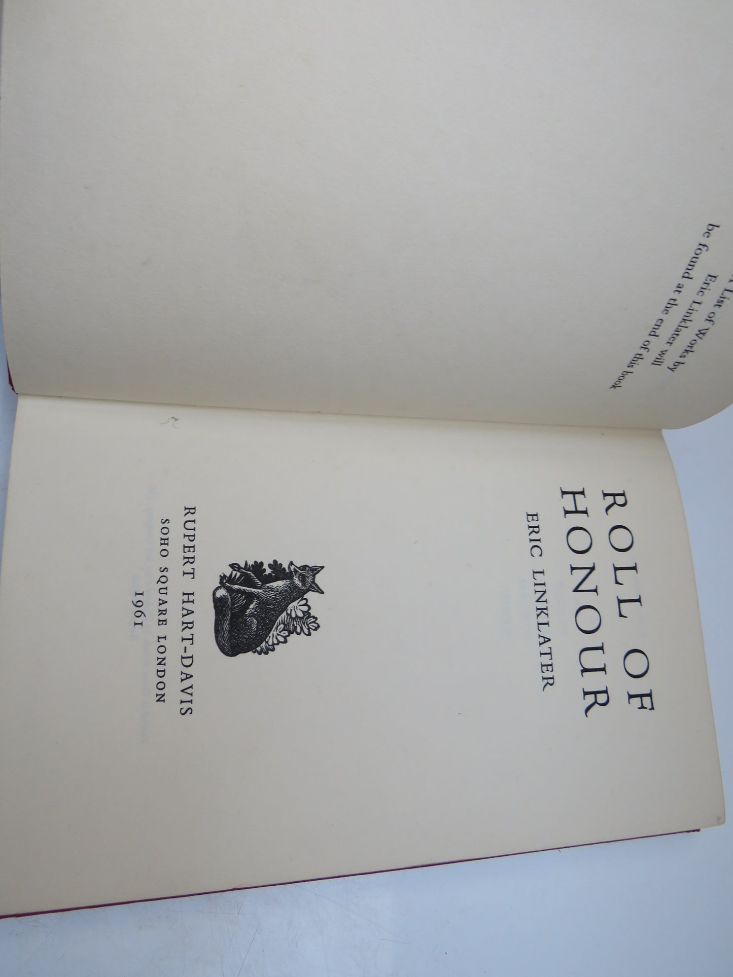 Roll of Honour By Eric Linklater 1961, Vintage Book