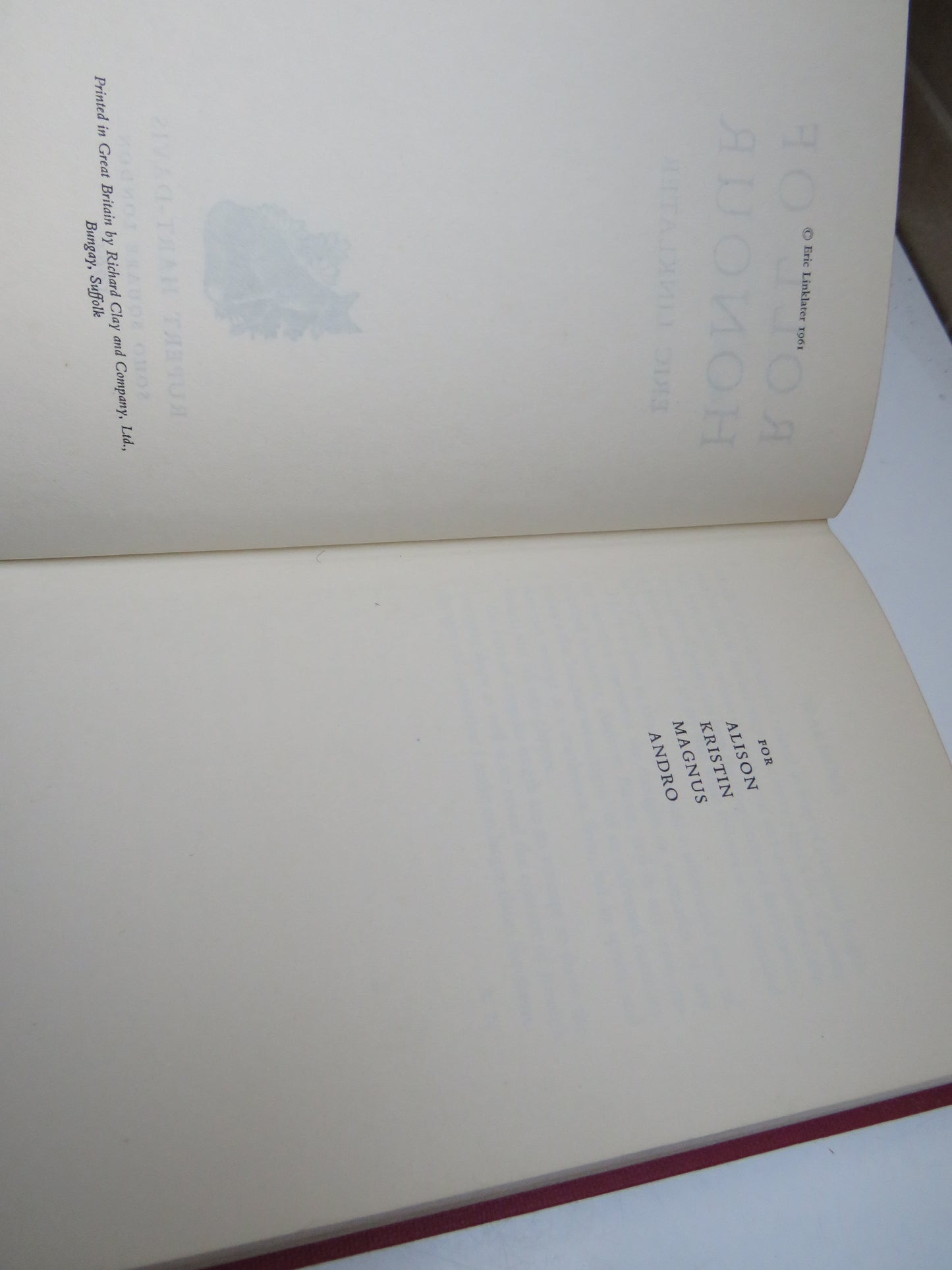 Roll of Honour By Eric Linklater 1961, Vintage Book