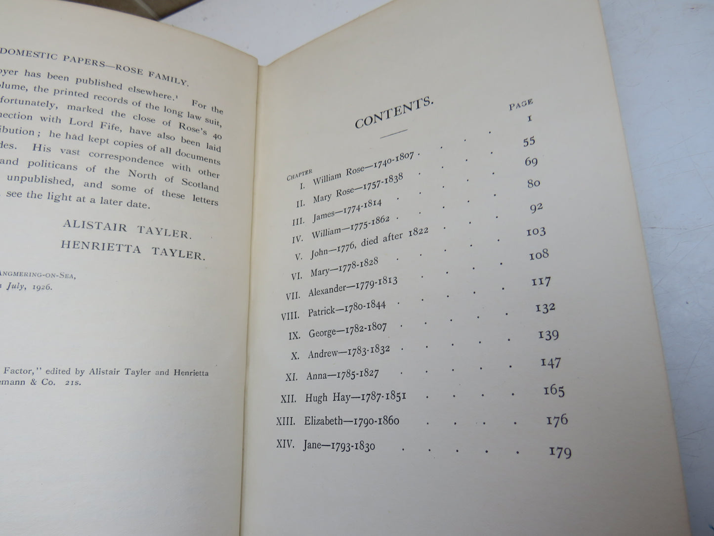 The Domestic Papers of the Rose Family Edited By Alistair & Henrietta Tayler 1926