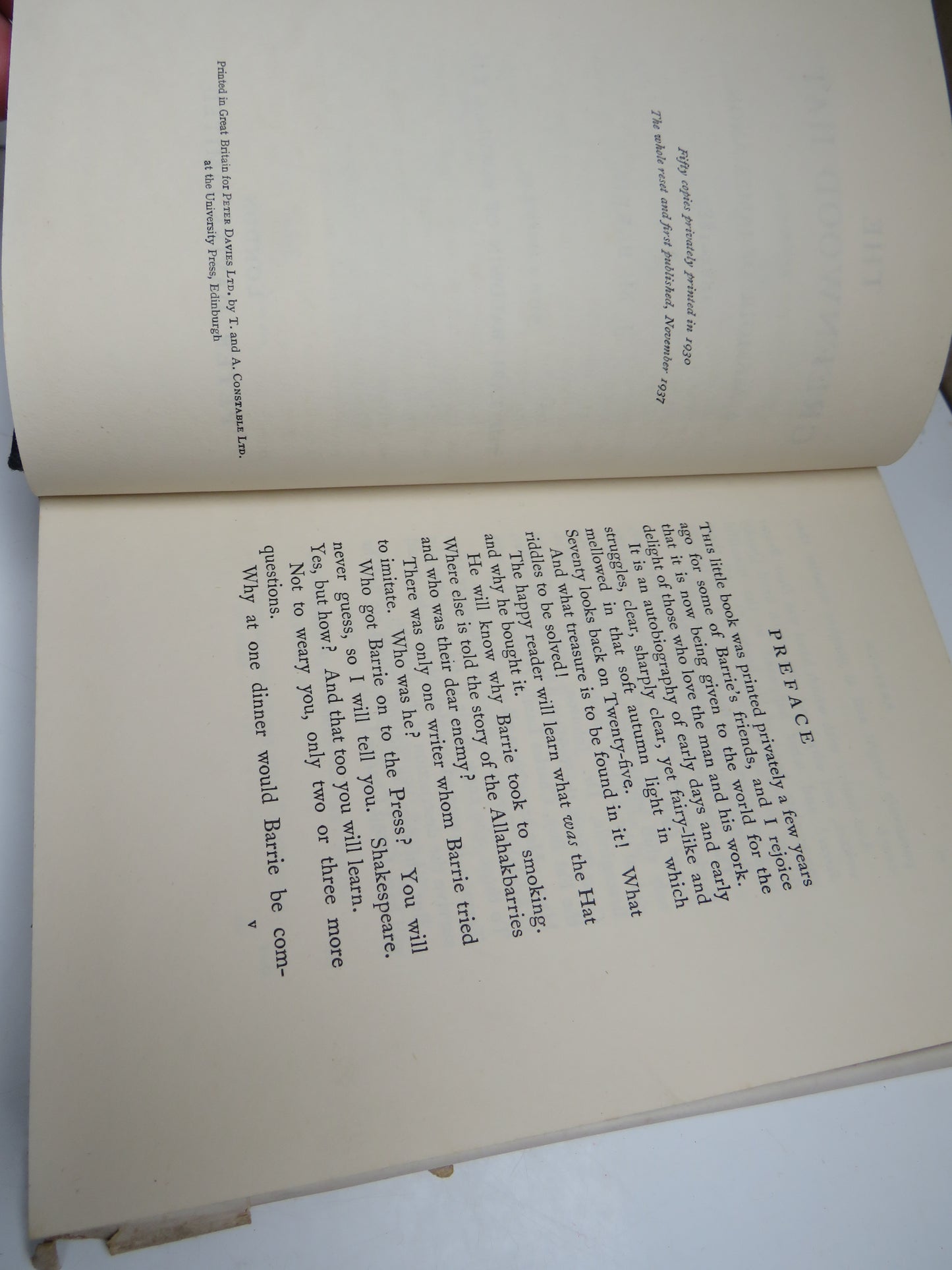 The Greenwood Hat Being A Memoir of James Anon 1885-1887 By J.M. Barrie 1937