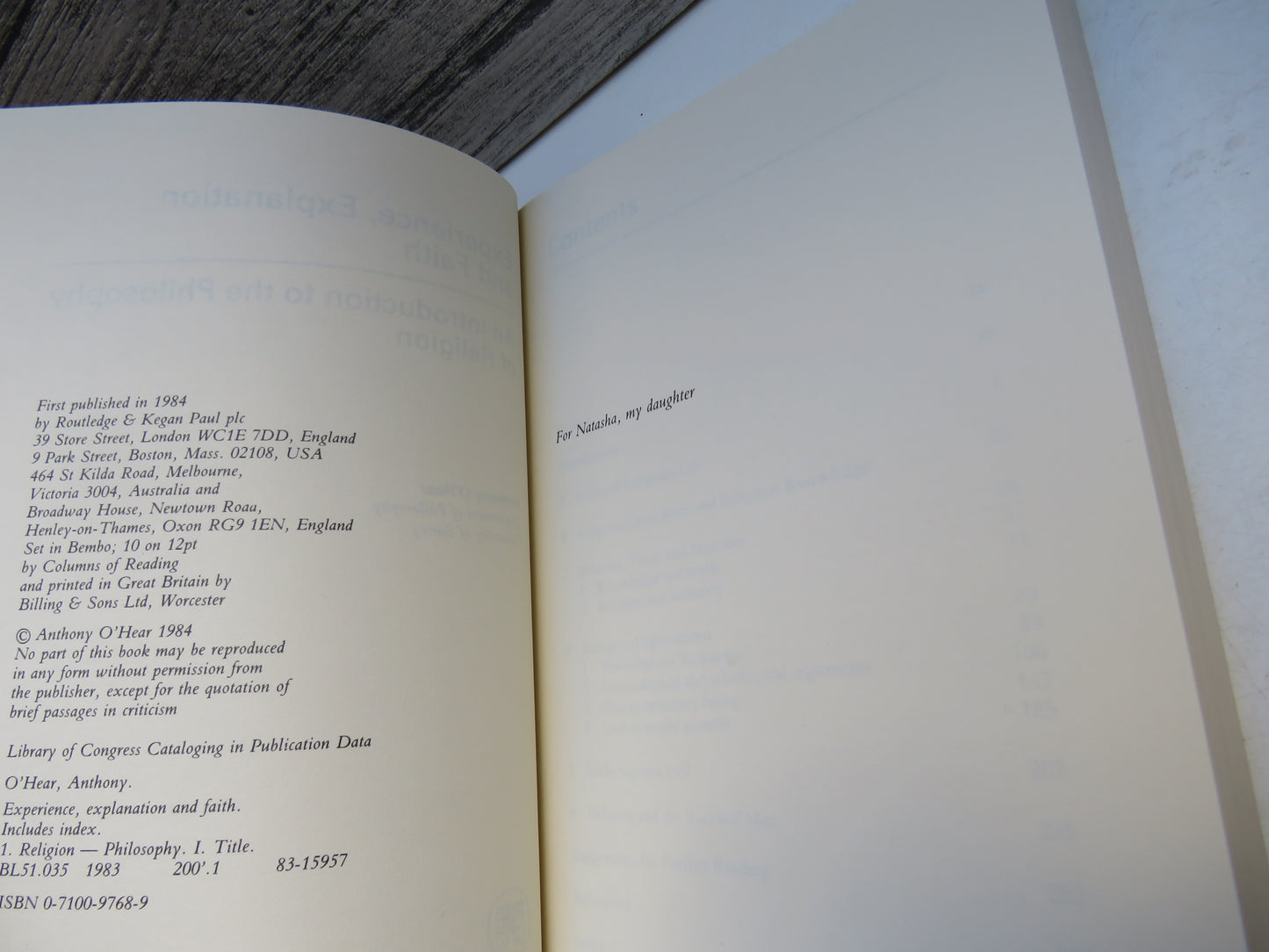Experience, Explanation and Faith An Introduction To The Philosophy of Religion By Anthony O'Hear 1984