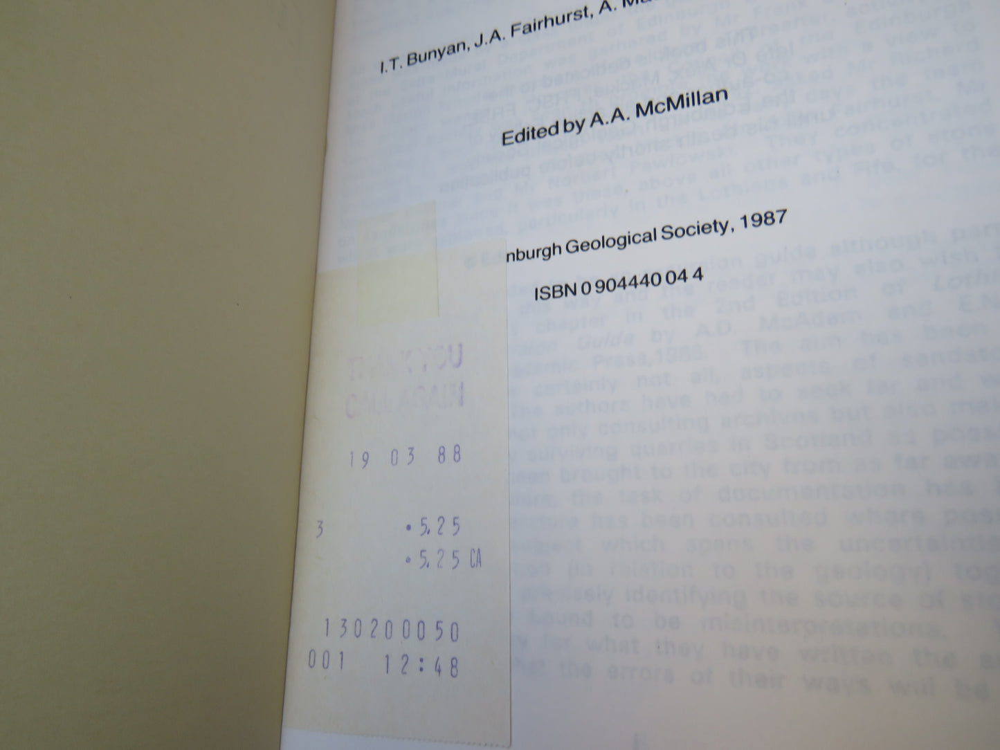 Building Stones of Edinburgh By I.T. Bunyan, J.A. Fairhurst, A .Mackie and A.A. McMillan 1987