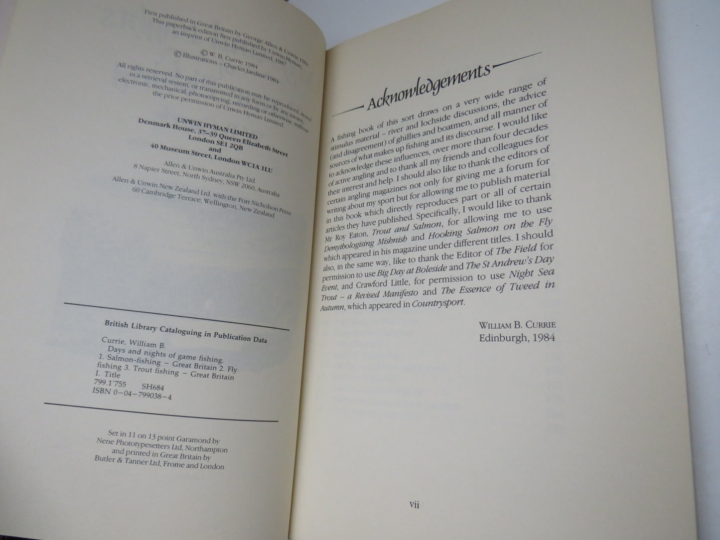 Days and Nights of Games Fishing By W.B. Currie Illustrations By Charles Jardine 1984