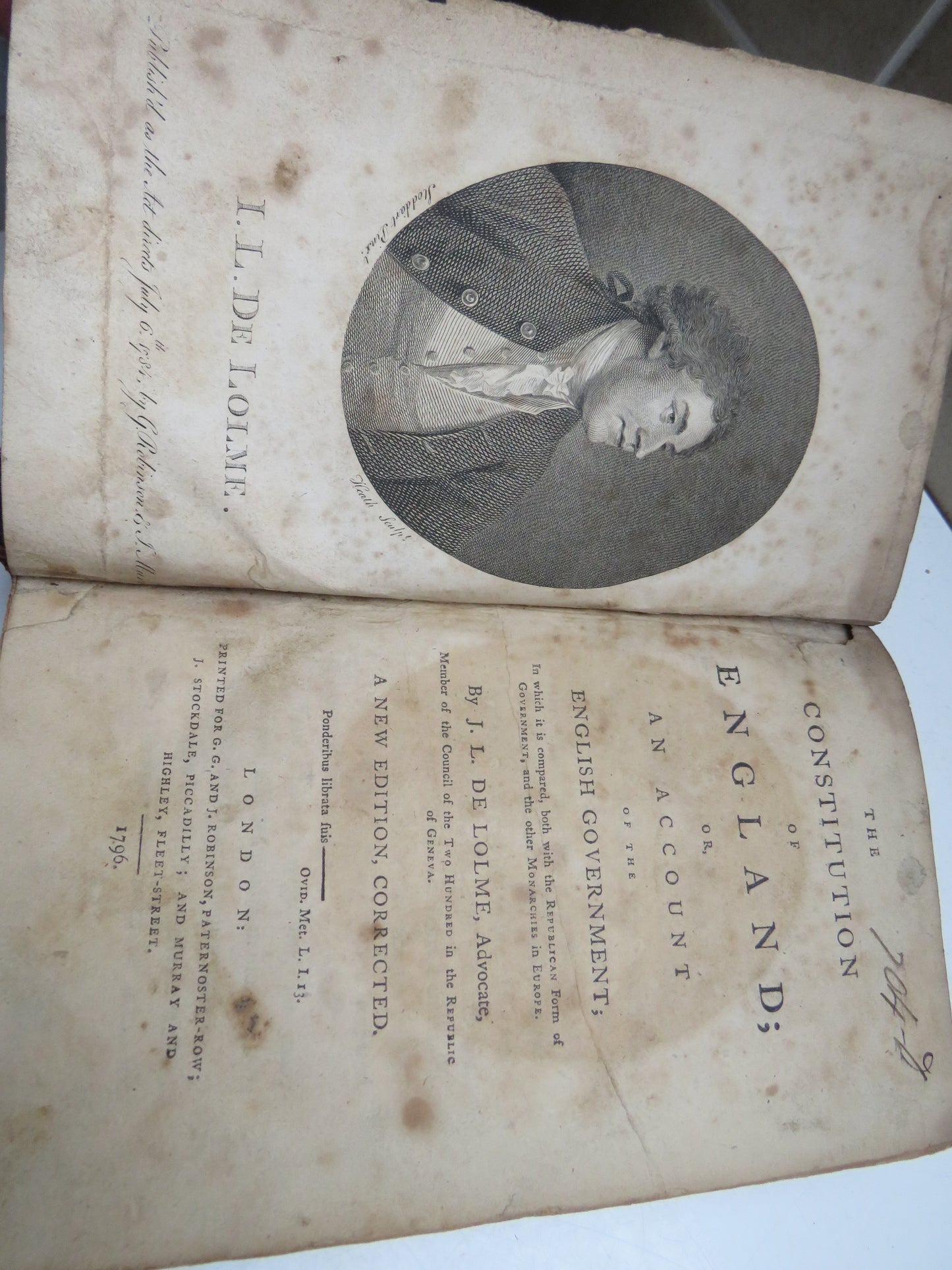 The Constitution of England Or An Account Of The English Government By J.L. De Lolme 1796 Antique Book
