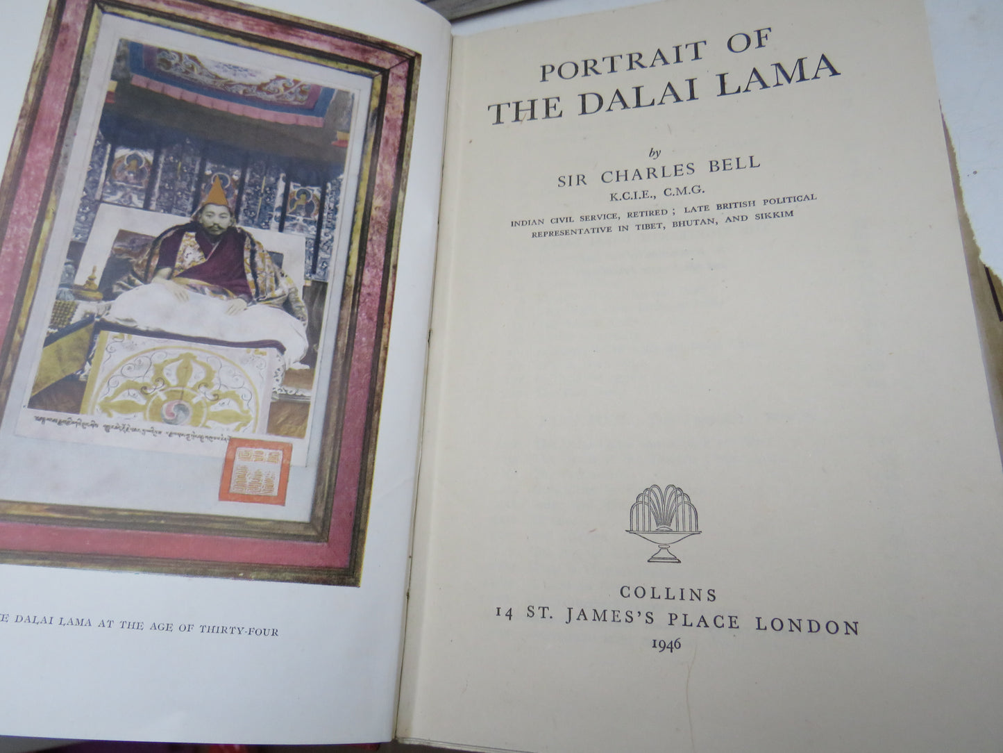 Portrait of the Dalai Lama by Sir Charles Bell, 1946, Vintage History Book