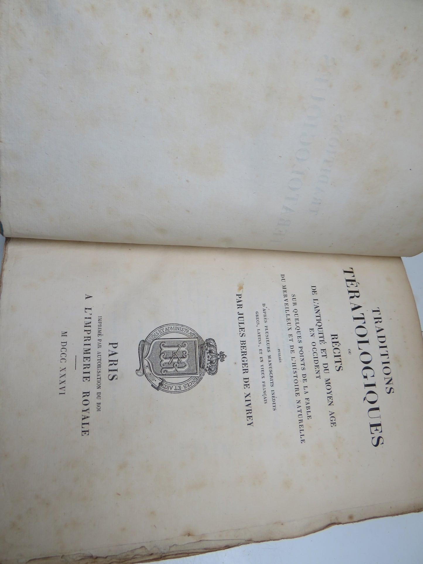 Traditions Teratologiques Ou Recits De L'Antiquite Et Du Moyen Age En Occident Par Jules Berger De Xivrey 1836