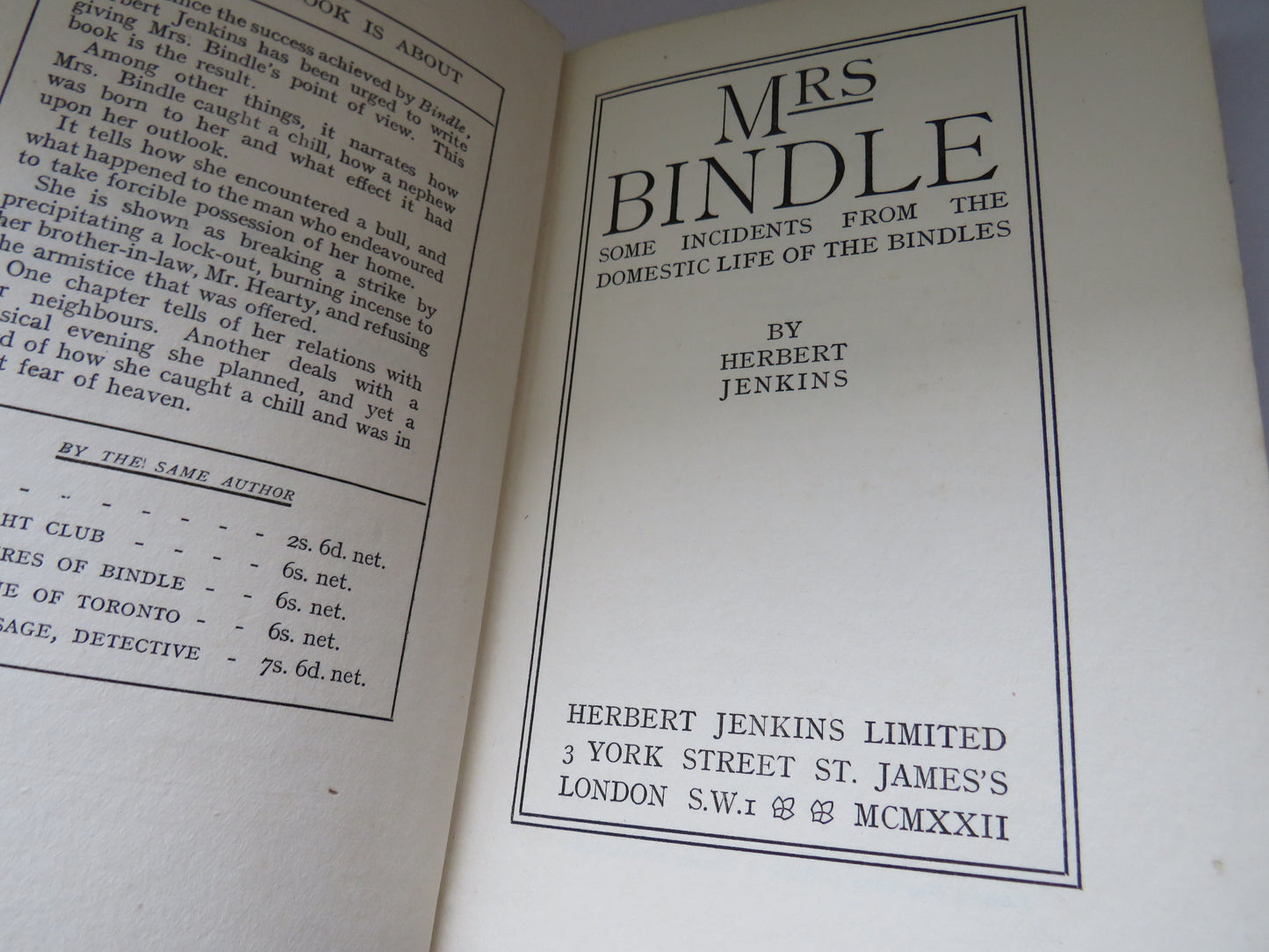 Mrs Bindle Some Episodes From The Domestic Life of The Bindles By Herbert Jenkins 1922