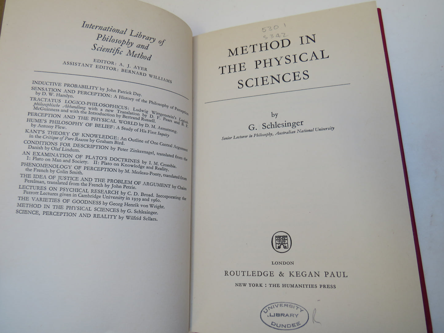 Method In The Physical Sciences By G. Schlesinger 1963 Vintage Book