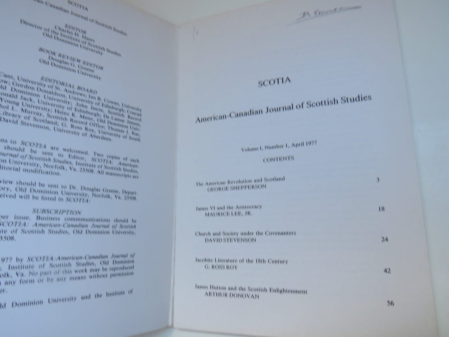 Scotia American-Canadian Journal of Scottish Studies 1977 Volume I