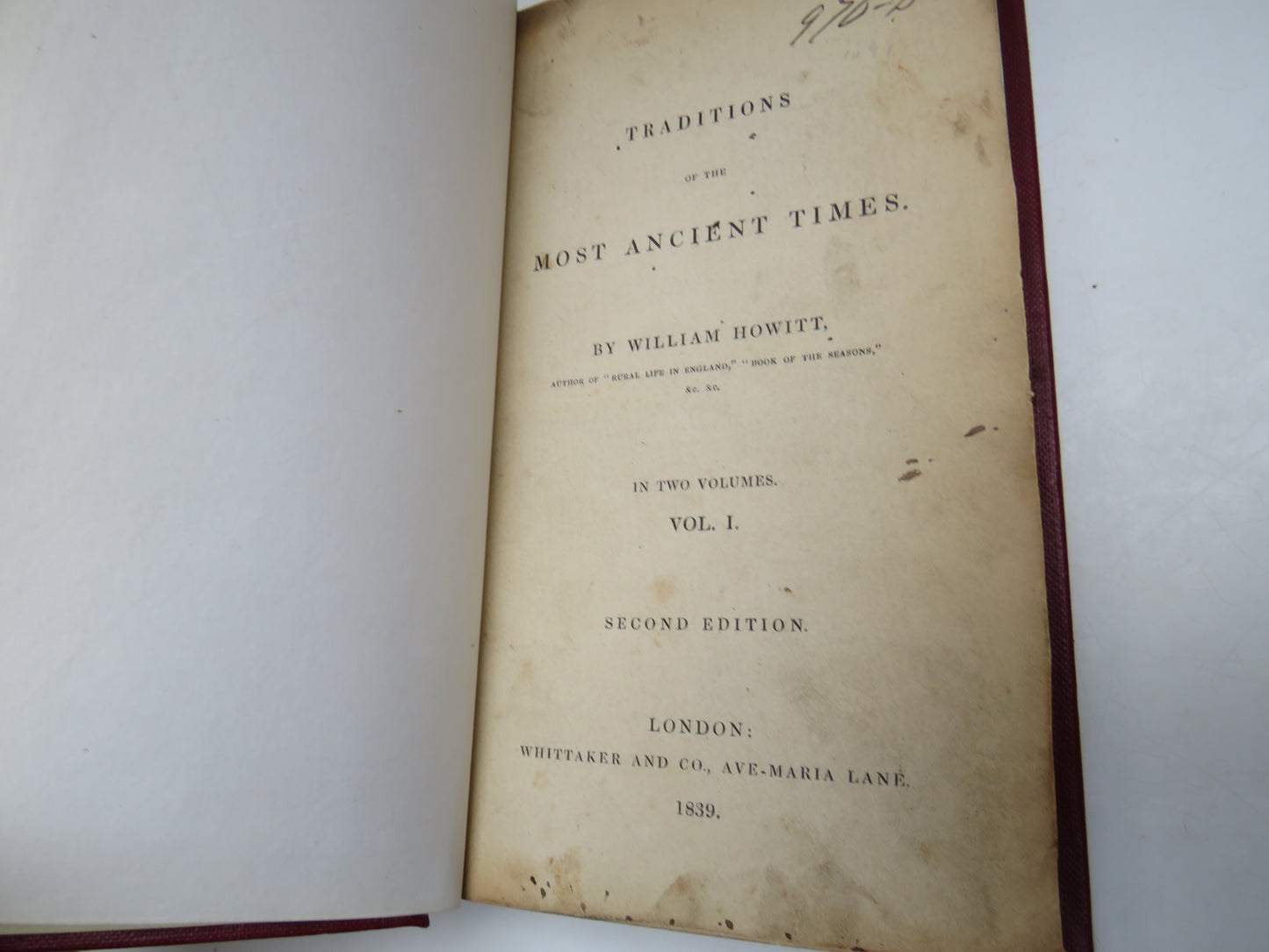Traditions Of The Most Ancient Times By William Howitt In 2 Volumes Vol I 1839