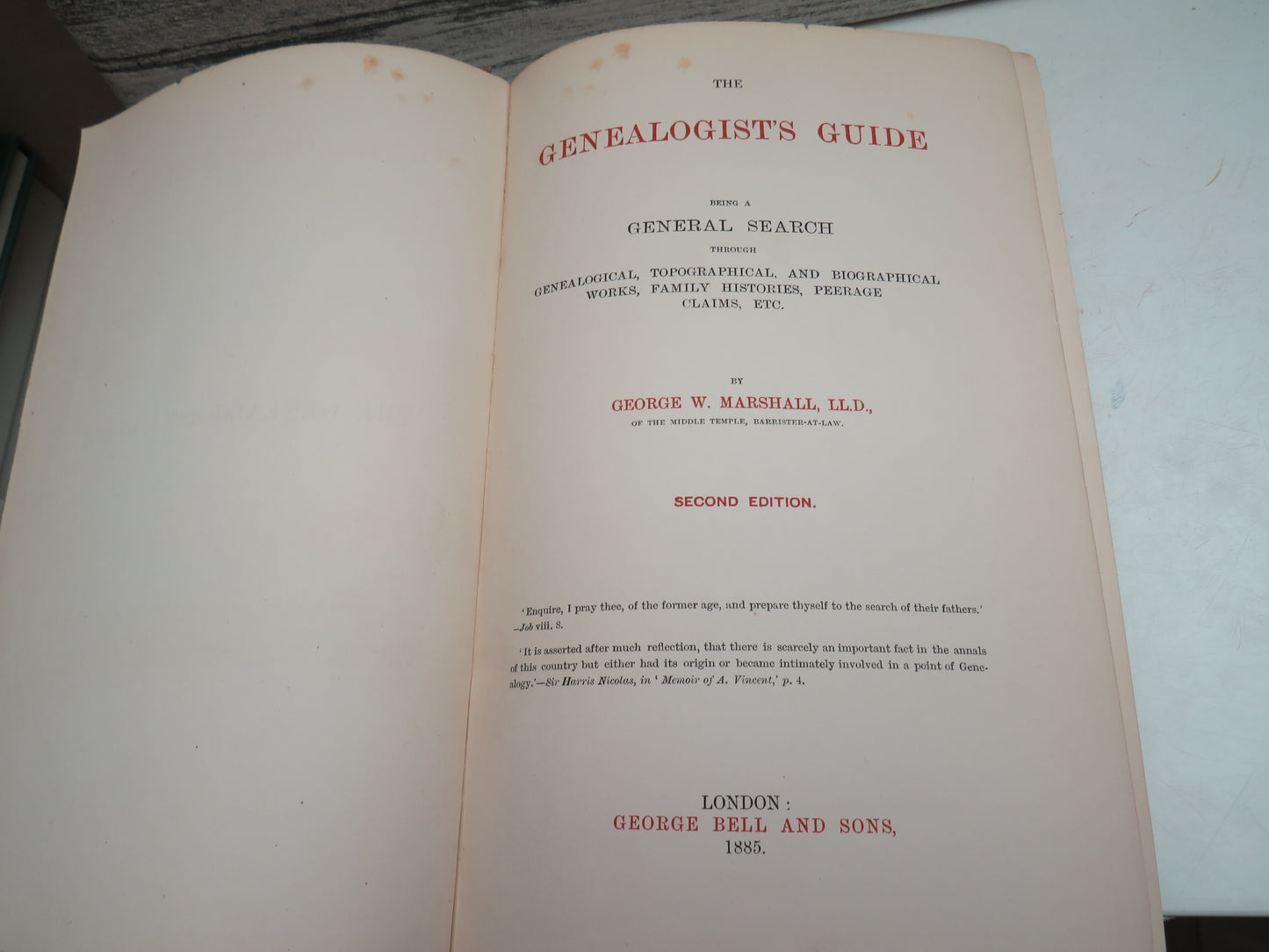 The Genealogists Guide Being A General Search Through Genealogical, Topographical, and Biographical Works, Family Histories, Peerage Claims, Etc By George W. Marshall 1885, book image 6