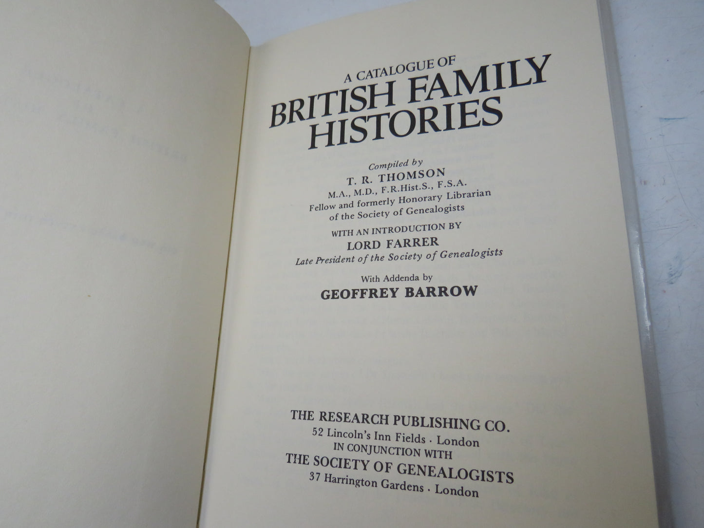A Catalogue of British Family Histories Compiled By T.R. Thomson 1980