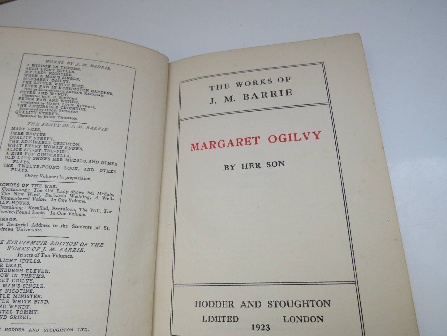 The Works of J. M. Barrie, Margaret Ogilvy by her Son, 1923