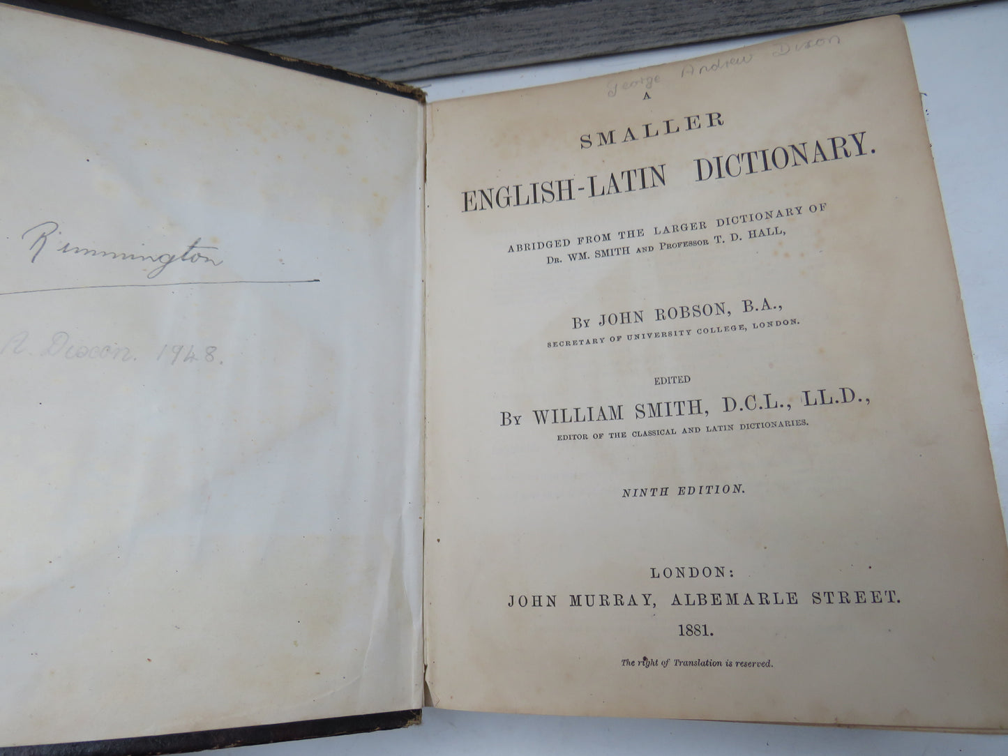 A Smaller English-Latin Dictionary By John Robson 1881