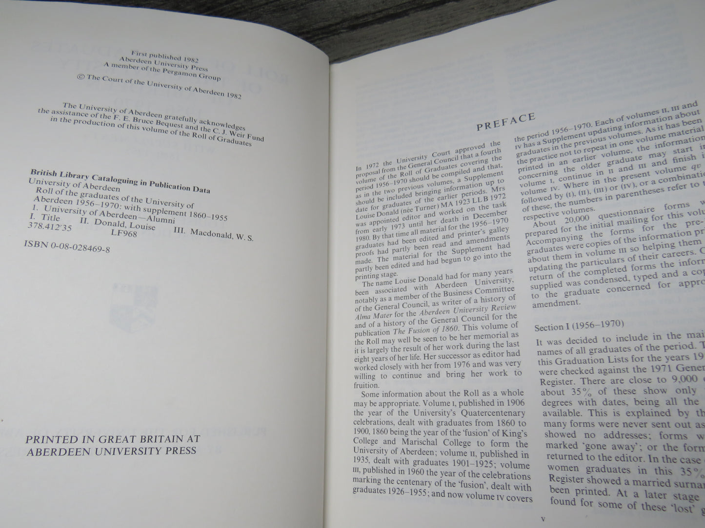 Roll of the Graduates of the University of Aberdeen 1956 -1970 With Supplement 1860-1955 Compiled By Louise Donald & W S MacDonald 1982