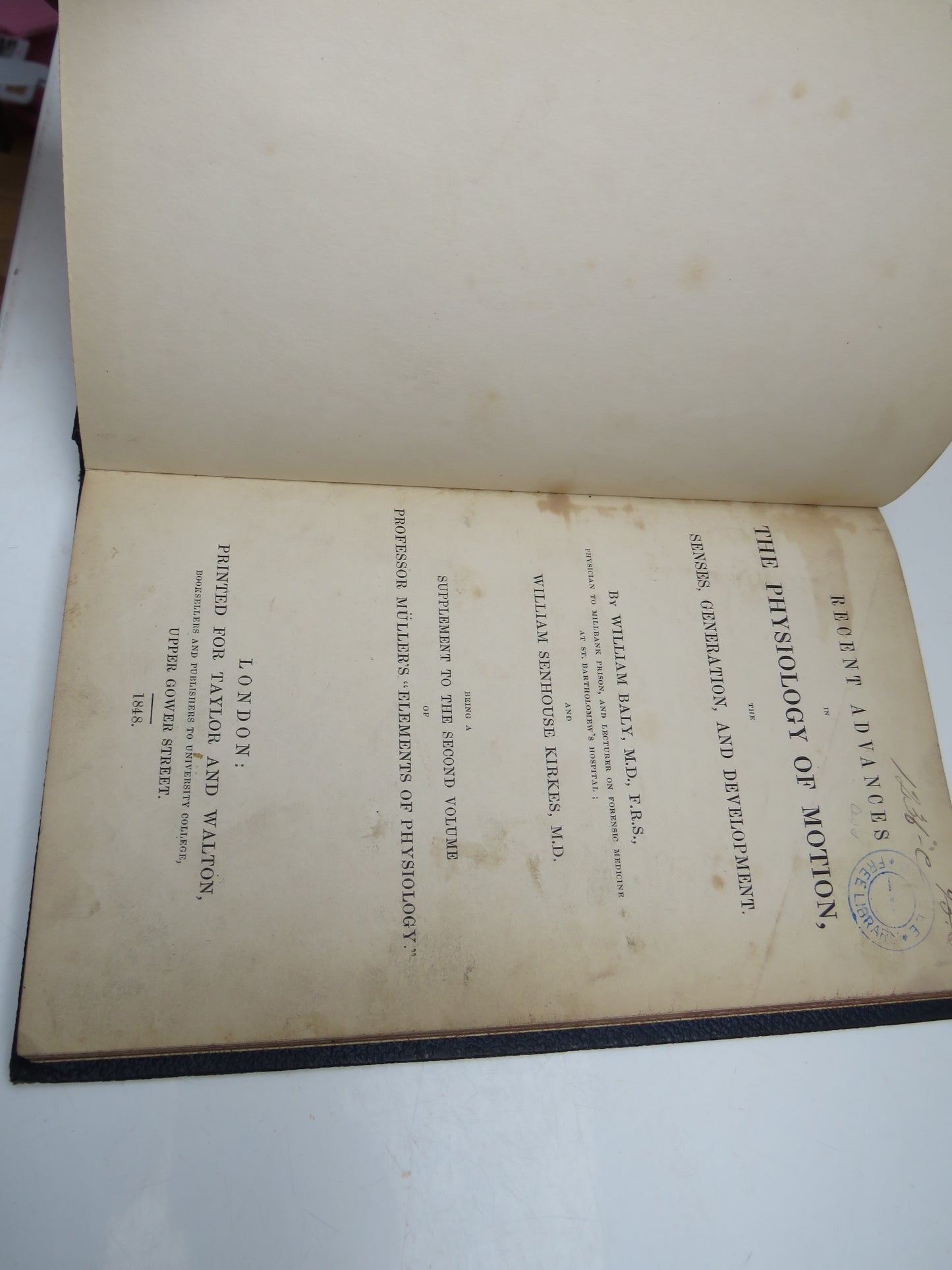 Recent Advances In The Physiology of Motion The Senses, Generation, and Development By William Baly 1848 Antique Book