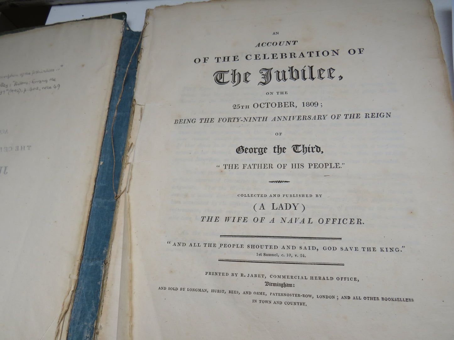 An Account Of The Celebration of The Jubilee, On The 25th October 1809; Being The Forty-Ninth Anniversary Of The Reign of George The Third "The Father of His People" Collected and Published By ( A Lady) The Wife Of A Naval Officer