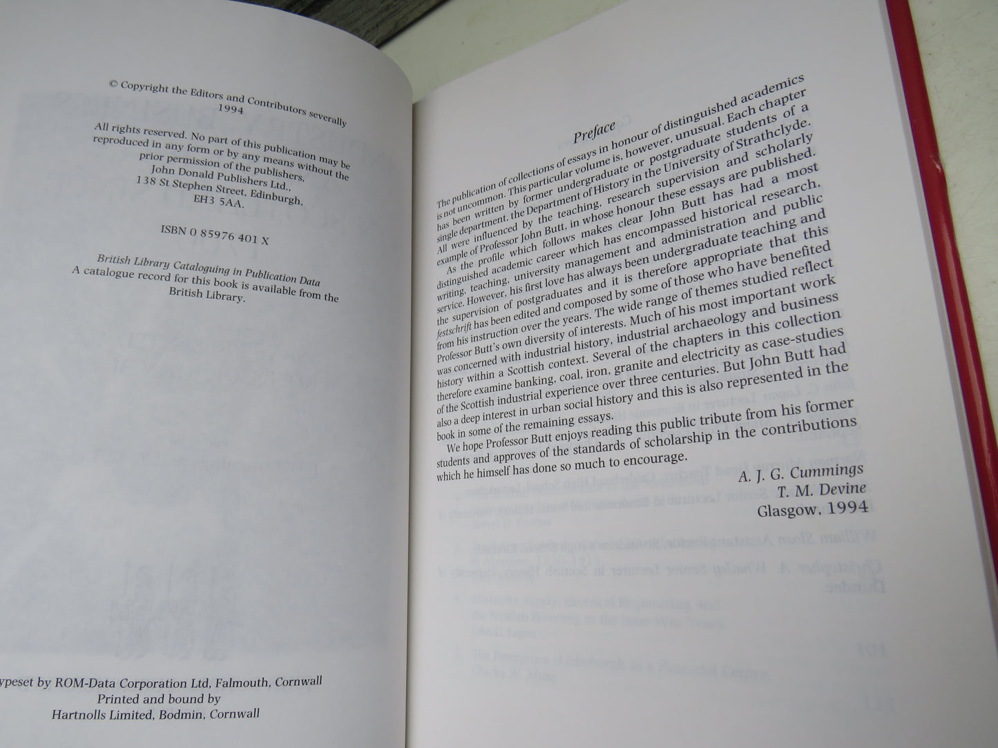Industry, Business and Society In Scotland Since 1700 Essays Presented To Professor John Butt Edited By A. J. G. Cummings and T. M. Devine 1994
