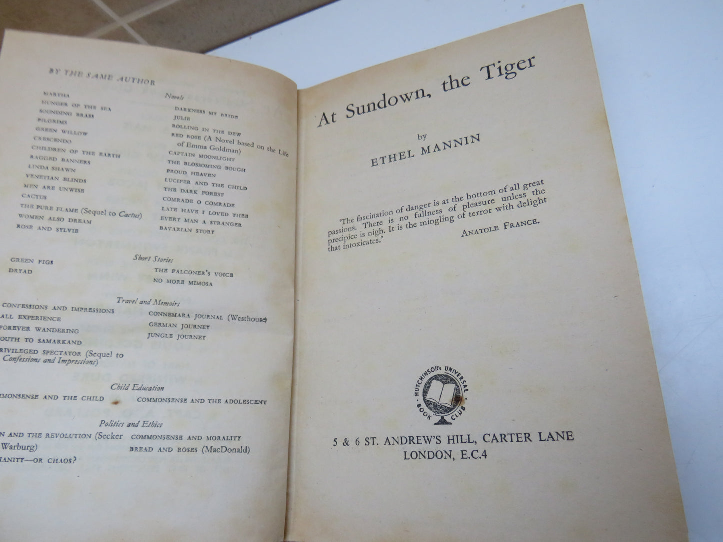 At Sundown, The Tiger By Ethel Mannin 1952