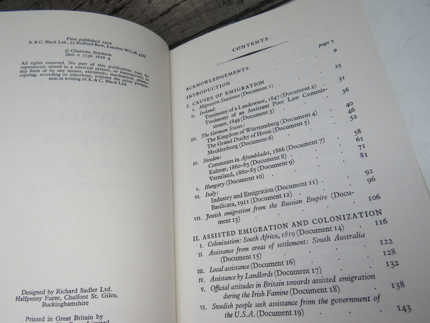 Emigration From Europe 1815-1914 Select Documents Edited By Charlotte Erickson 1976