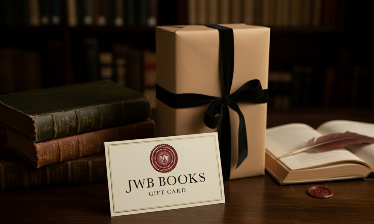 A landscape-oriented J.W.B Books gift card featuring the logo and “Gift Card” text, displayed on a wooden table with vintage books, an open book with a feather quill, and a wrapped gift with a black ribbon in the background.