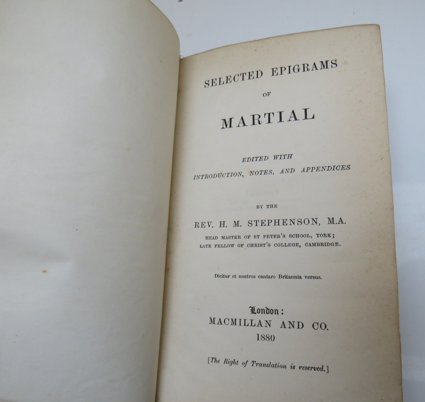 Selected Epigrams Of Martial By The Rev. H. M. Stephenson 1880