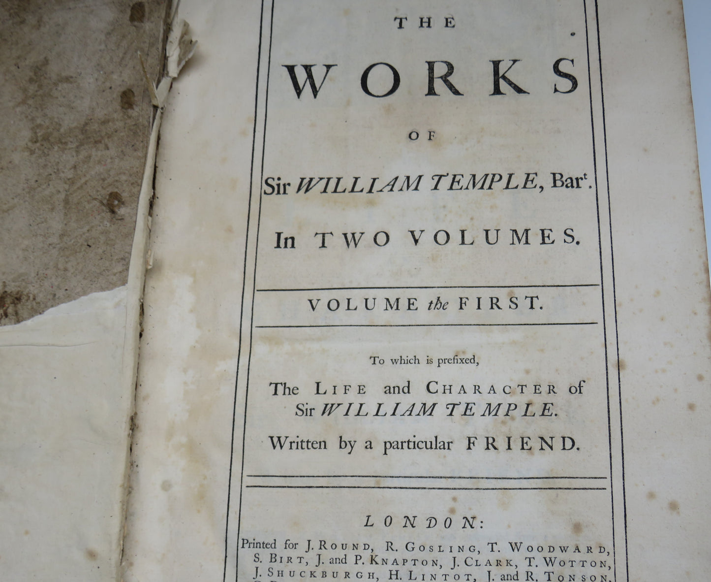The Works Of Sir William Temple Bar In Two Volumes 1740 - Volume I