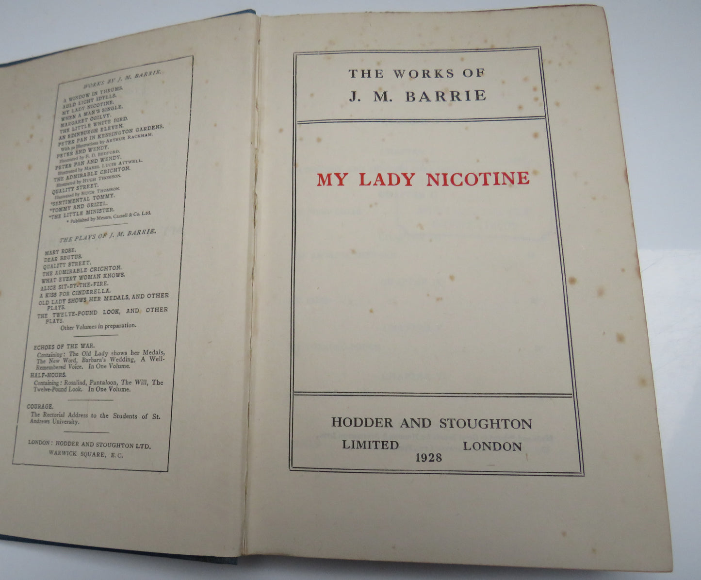 The Works Of J.M.Barrie My Lady Nicotine 1928