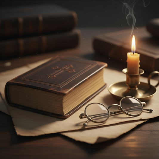 Small 17th-century leather-bound Bible beside old reading glasses and a candle