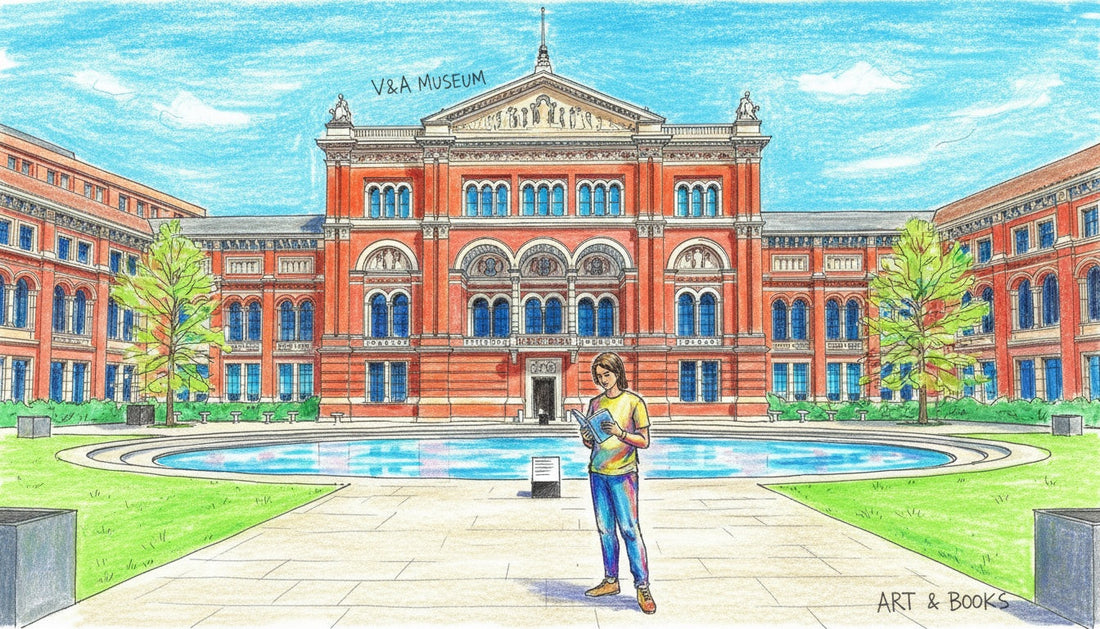 Coloured sketch of the Victoria and Albert Museum with a person reading a book outside