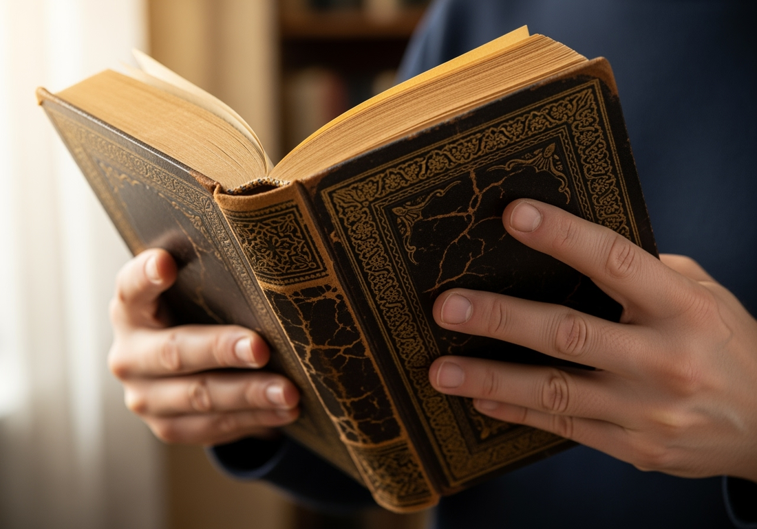 Hands gently holding an old vintage book, highlighting the worn cover and yellowed pages, with soft natural lighting and a blurred background to emphasize care and appreciation for collectible books.