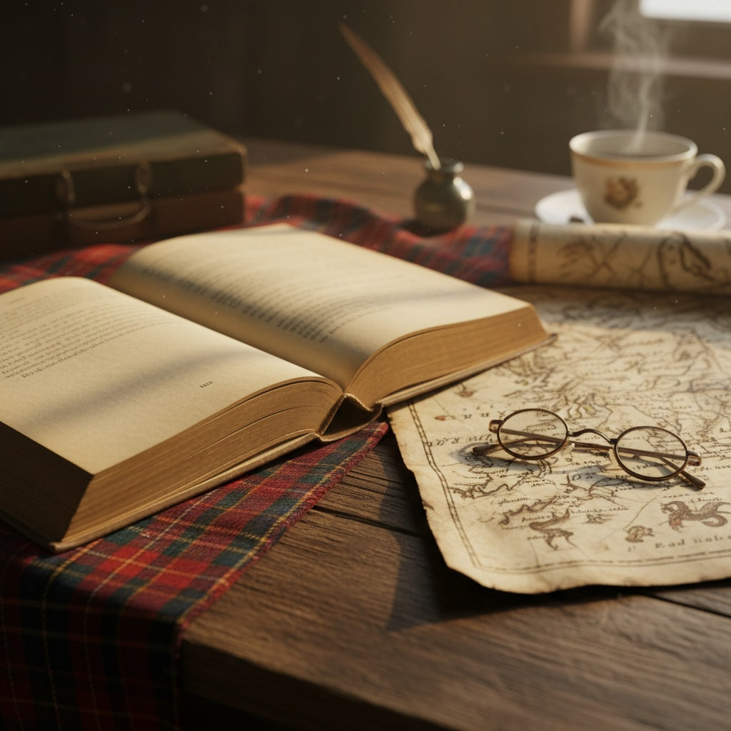 Antique history of Scotland book with tartan and map background