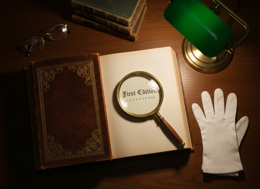 A vintage book opened to the copyright page, with a magnifying glass focusing on “First Edition” and a number line with 1, surrounded by gloves, glasses, an elegant desk lamp, and antique books on a dark wooden table.