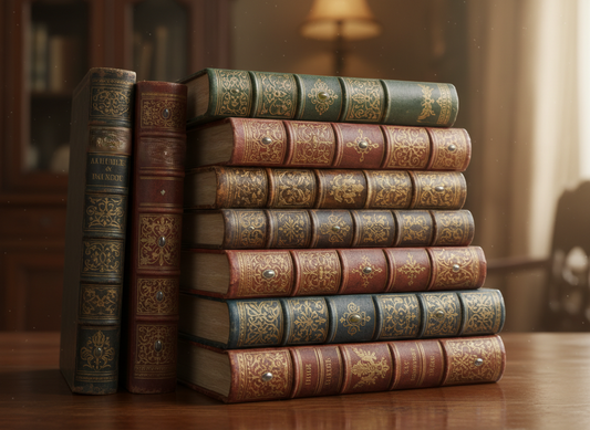 Stack of rare and antique books with ornate decorative bindings, arranged on a wooden surface.