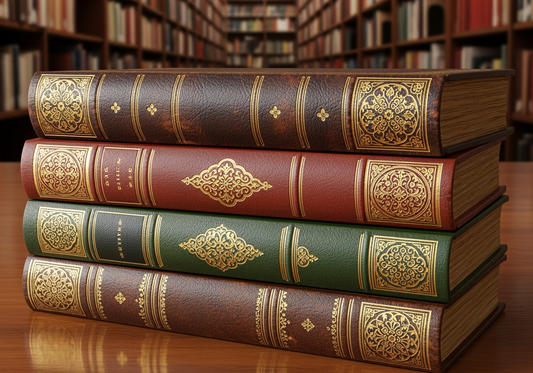 Close-up of a stack of vintage and antique books with ornate gold detailing on leather spines, set on a wooden surface, with blurred classic library shelves in the background.