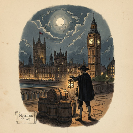 Vintage illustration of the Houses of Parliament at night with a shadowy Guy Fawkes holding a lantern and standing near barrels of gunpowder.