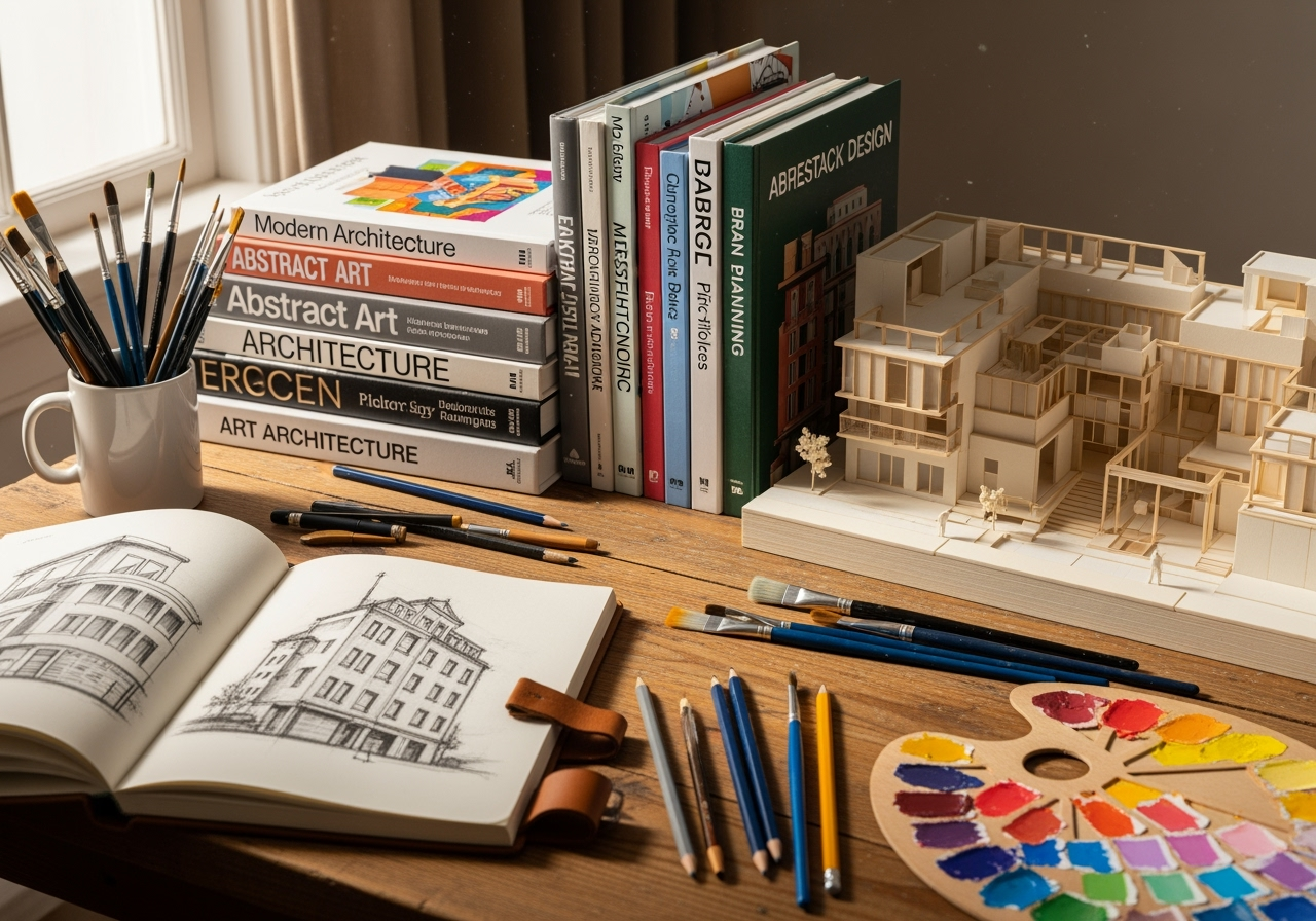 Stack of art books, architecture books, and design books on a desk at J.W.B Books