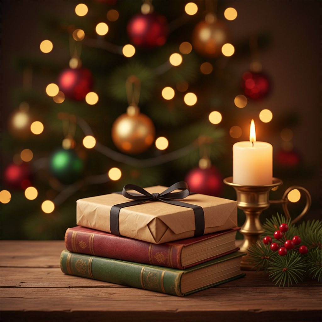 Christmas scene showing a wooden table with a stack of books and a vintage brown wrapped Christmas Book with black ribbon.  Brass candle holder with lit candle and berries sits at the side with a lit up Christmas tree in the background.