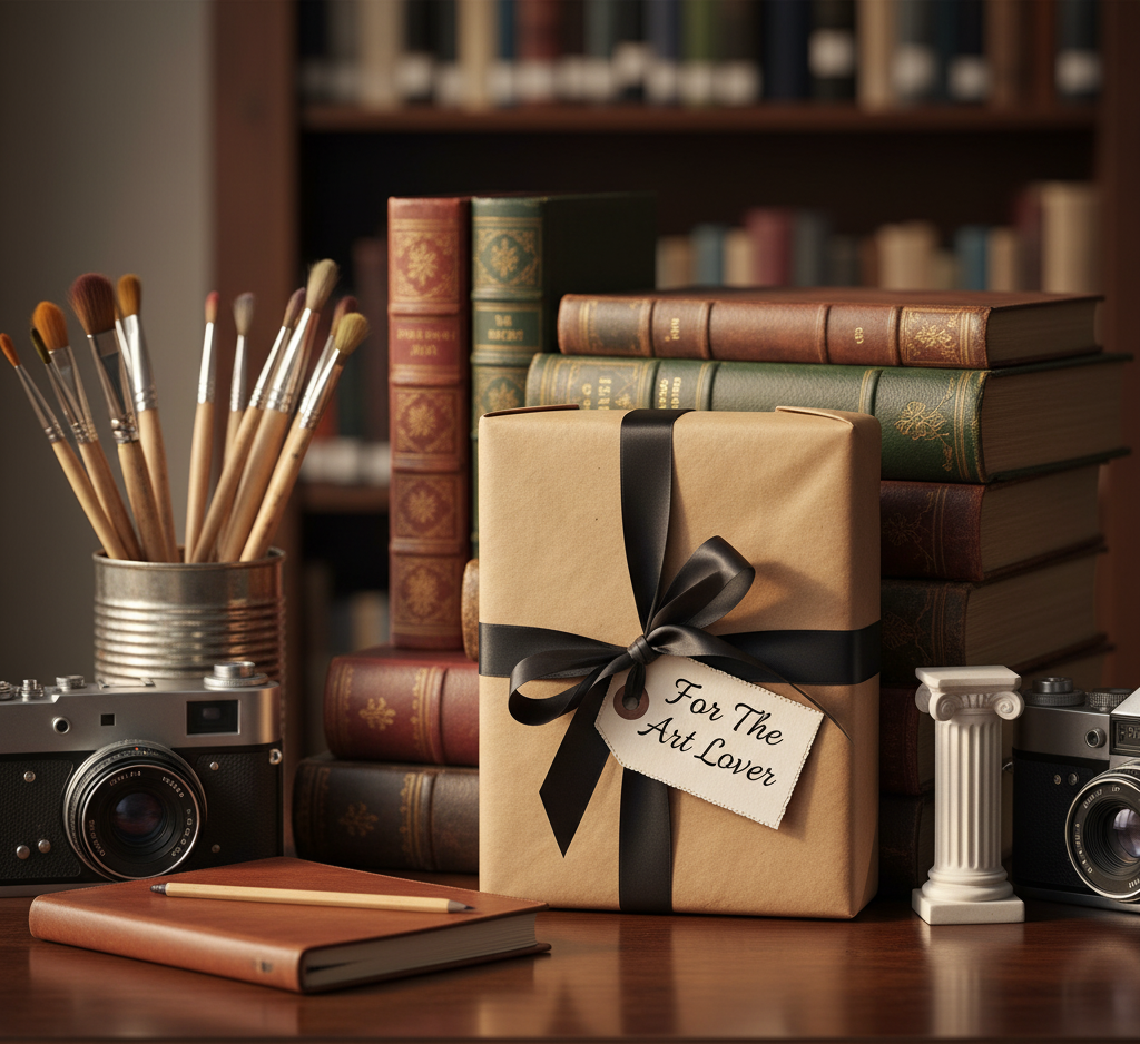 A warm still life with a stack of blurred art books and a gift wrapped in brown paper with a black ribbon. A paintbrush, vintage camera, and a sketchbook are in the scene.