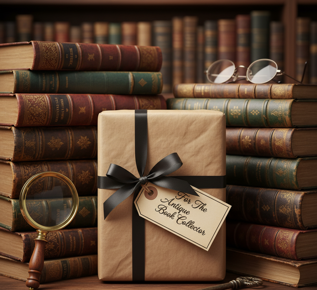 A still life photo with a stack of ornate antique books and a gift wrapped in brown paper with a black ribbon. An antique magnifying glass, old key, and reading glasses are also in the scene.