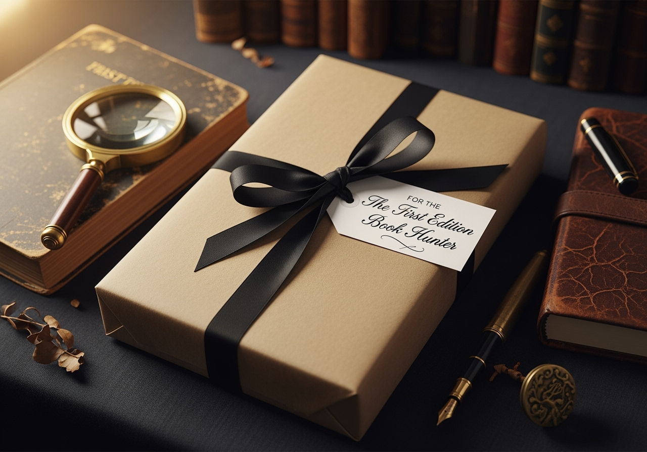 Wrapped vintage first edition book in brown paper with black ribbon and a tag reading "For The First Edition Book Hunter," surrounded by an antique magnifying glass, fountain pen, and leather-bound journal.