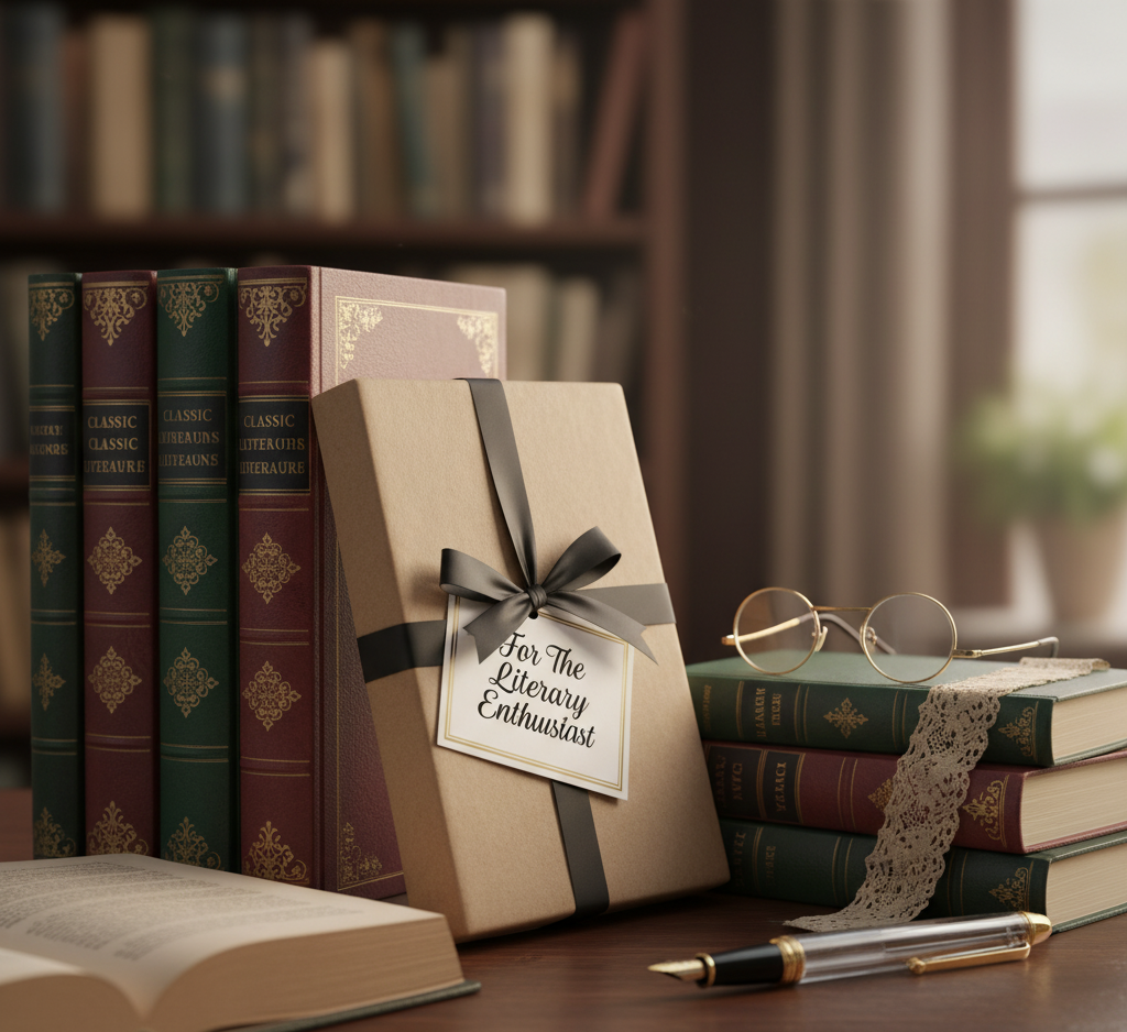 A close-up, warm, vintage still life of a stack of antique history books with richly textured covers and spines. A gift wrapped in brown paper with a black ribbon and compass is in the foreground, resting on an old map. A quill pen is nearby.