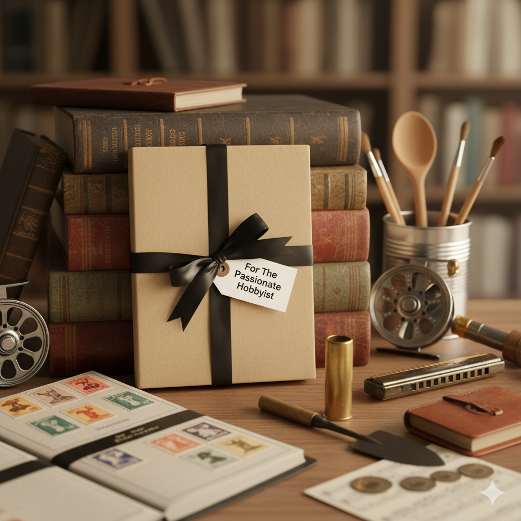 A cozy still life with a stack of blurred vintage books and a gift wrapped in brown paper with a thick black ribbon. A stamp album and a shooting cartridge are visible on the wooden table.