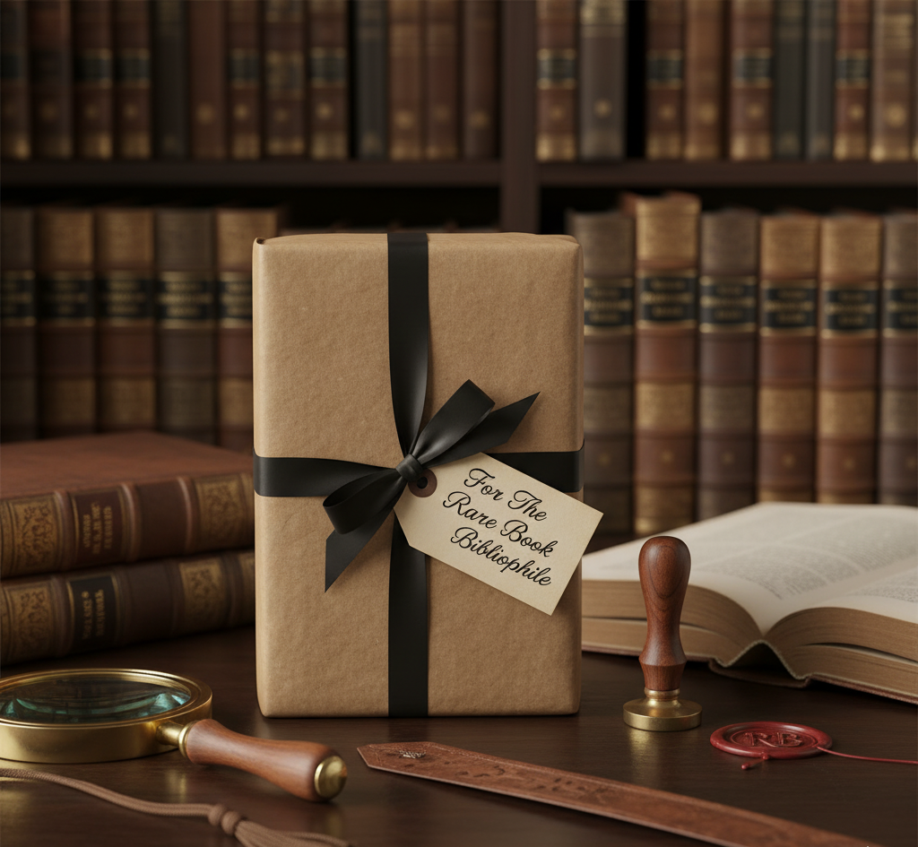 A close-up still life featuring a book wrapped in brown paper with a black ribbon. Collector's items like an antique magnifying glass, a wax seal stamp, and a leather bookmark surround it.