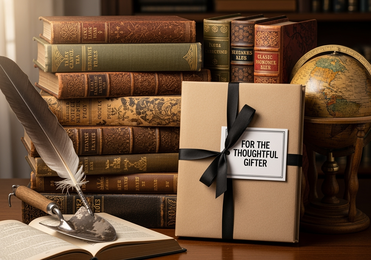 Stack of vintage and antique books from various genres with richly textured covers, a book wrapped in plain brown paper with a thick black ribbon and a tag reading “For The Thoughtful Gifter,” with a globe, quill pen, gardening trowel, and paintbrushes.