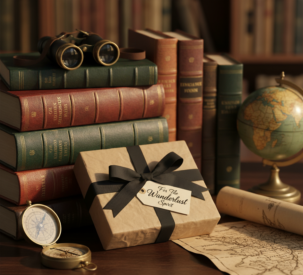 A cozy still life with a stack of travel books and a gift wrapped in brown paper with a compass. An old map, binoculars, and a globe are also in the scene.